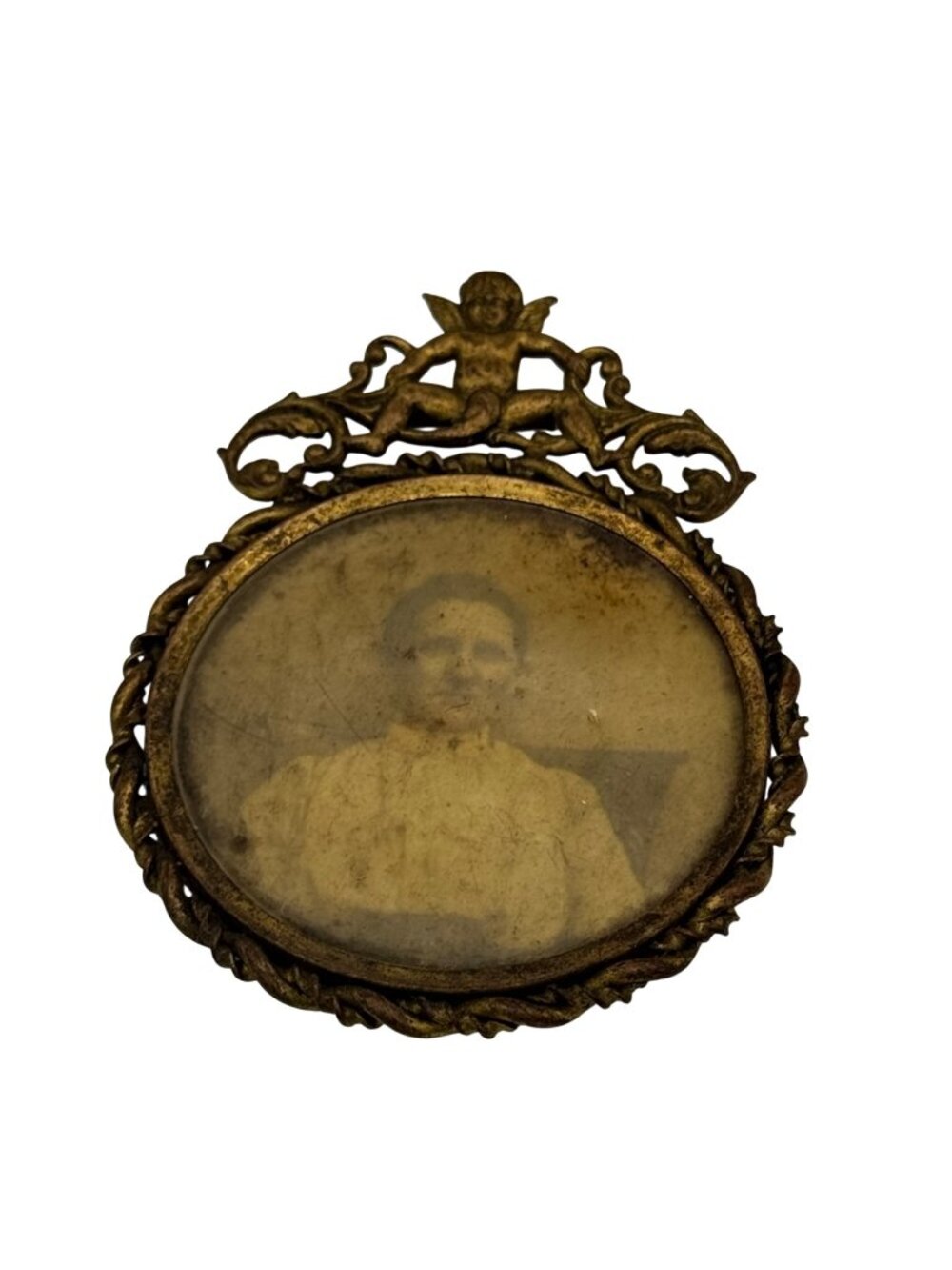 Antique Brass Oval Picture Frame Cherub Bow MiniaturePortrait Victorian Woman